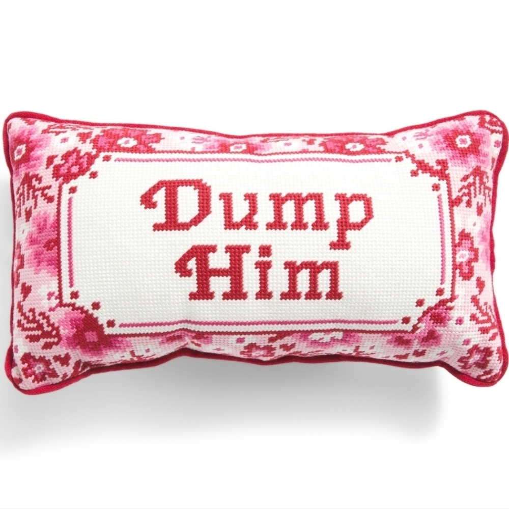 Bouffants & Broken Hearts “Dump Him" Red Needlepoint Decorative Accent Pillow
